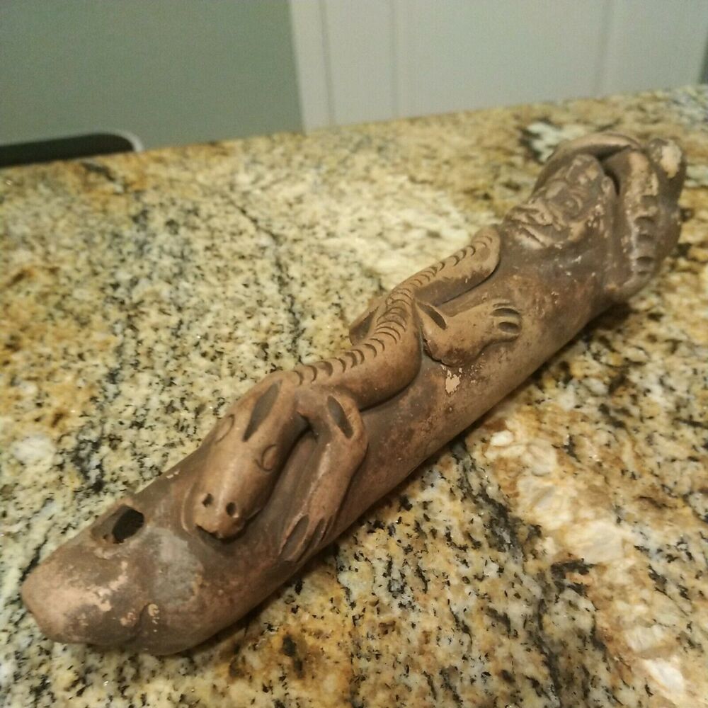 Clay Aztec Mayan Flute Hand Made Alligator Lizard